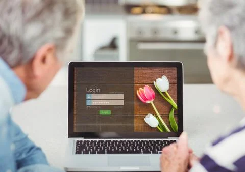 In the kitchen with the laptop. Login screen Stock Photos