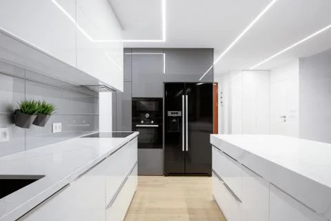 Kitchen with led ceiling lights Stock Photos