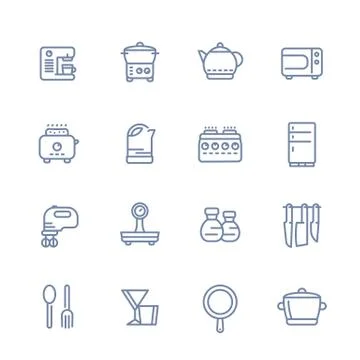 Kitchen line icons set isolated over white, cooking related objects, utensils Stock Illustration