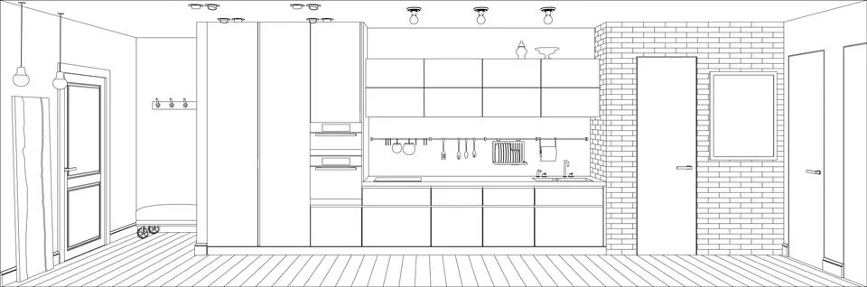 Kitchen line interior Stock Illustration