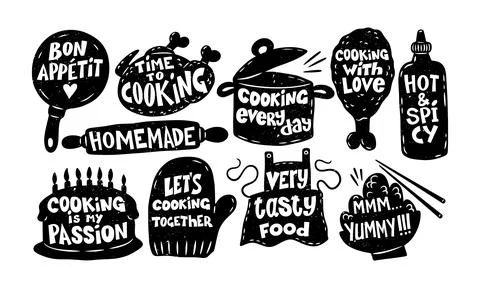 Kitchen logo. Food cook elements. Bakery icon. Chef cap or apron stickers. Ki Stock Illustration