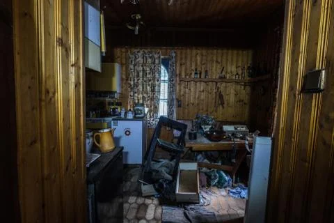 Kitchen made of wood with objects in a house Stock Photos