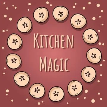 Kitchen magic. Cute cut in half apples natural drawn decorative wreath cozy b Stock Illustration
