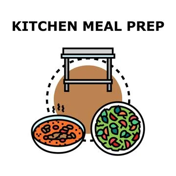 Kitchen meal prep concept with food and table Stock Illustration