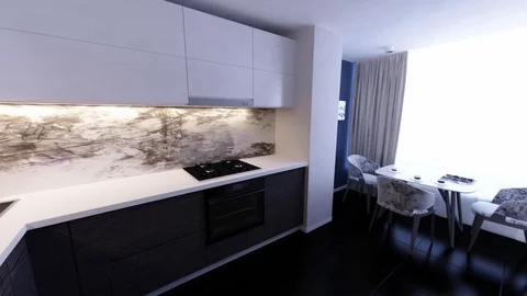 Kitchen Mesh 3D Graphics interior design blurred loft Stock Footage 125490999