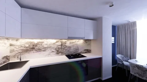 Kitchen Mesh 3D Graphics interior design blurred loft Stock Footage 125491003