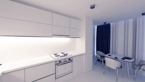 Kitchen Mesh rendering 3D Graphics interior design blurred loft Stock Footage 125490927