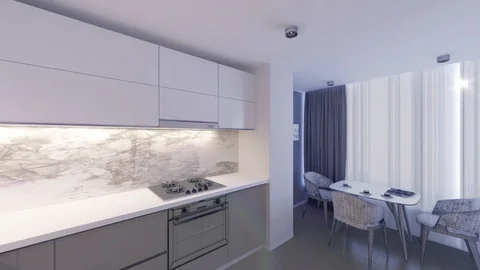 Kitchen Mesh transition 3D Graphics interior design blurred loft Stock Footage 125490530