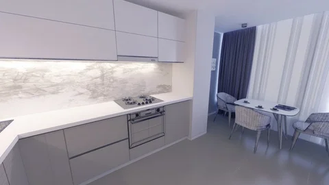 Kitchen Mesh transition 3D Graphics interior design blurred loft Stock Footage 125490868