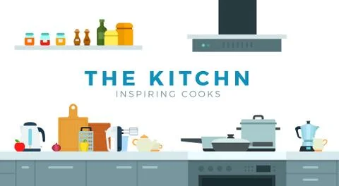 Kitchen modern interior vector illustration in flat style. Stock Illustration