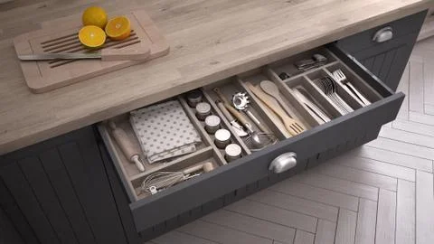 Kitchen opened drawer full of kitchenware Stock Illustration