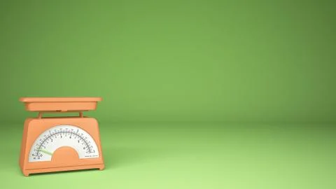 Kitchen orange empty weigh scales, on green background copy space, measuring  Stock Illustration