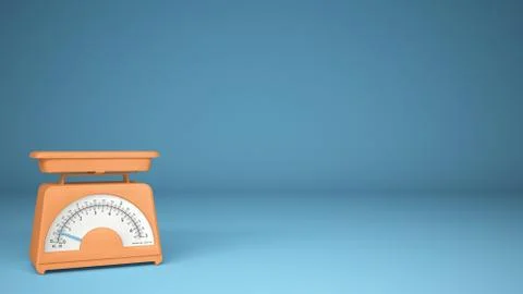 Kitchen orange empty weigh scales, on blue background copy space, measuring d Stock Illustration