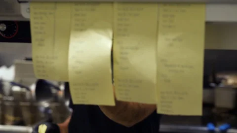 Kitchen order tickets hanged on rack Stock Footage 127929987
