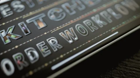 Kitchen order workflow lettering crosses dark screen Stock Footage 346604526