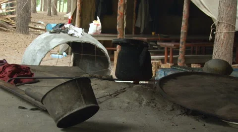 Kitchen Outdoors. Metal Tableware. Fire in the Furnace Stock Footage 63321356