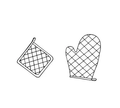 Kitchen oven mitt and pot holder. Heat resistant oven glove. Hand-drawn ill.. Stock Illustration