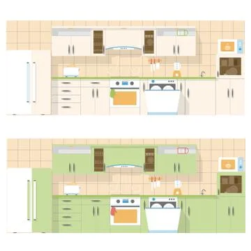 Kitchen overlooking the front, in a flat layout design, two color set Stock Illustration