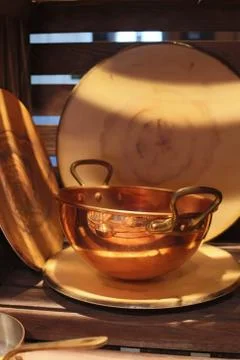 Kitchen pan sauté pan copper tools tree cook shine dishes Stock Photos