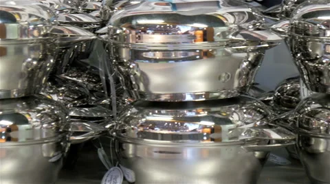 Kitchen pans being displayed in the expo Stock Footage 58261513