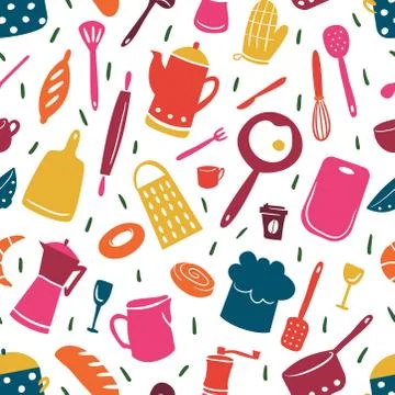 Kitchen pattern with different cooking tools. Cheerful and bright illustration Stock Illustration