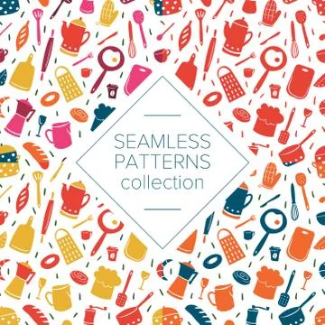 Kitchen pattern with different cooking tools. Cheerful and bright illustration Illustrazione stock