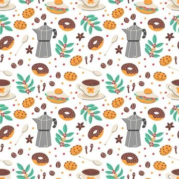 Kitchen pattern. Doodle cafe drinks and donuts. Coffee kettle and mug. Lunc.. Stock Illustration
