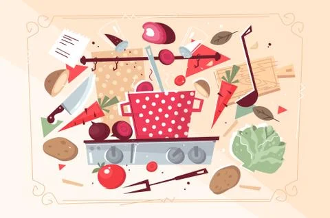 Kitchen pattern with food and kitchenware Stock Illustration