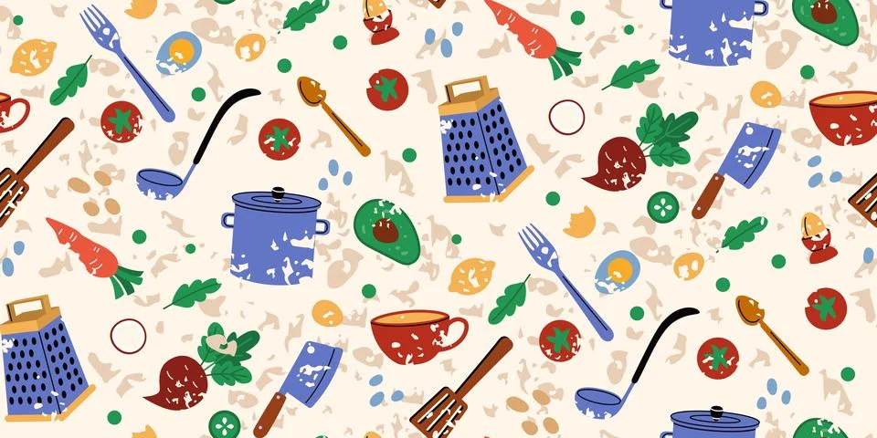 Kitchen pattern. Food, culinary healthy, cooking fresh ingredients, utensils, Stock Illustration