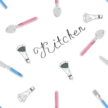 Kitchen pattern with hand drown lettering, spoon, fork, knife and flavoring.. Illustration