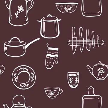 Kitchen Pattern Seamless Vector Texture.doodle Cook's tools items. Hand drawn Stock Illustration