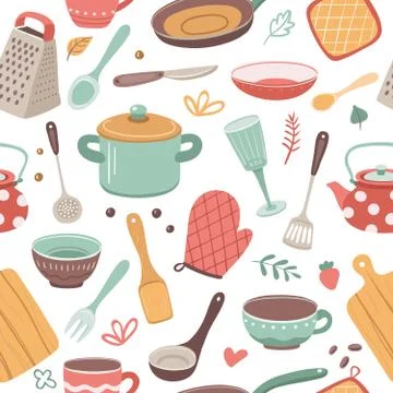 Kitchen pattern. Utensil, scandinavian cooking background. Kitchenware, kettle Stock Illustration