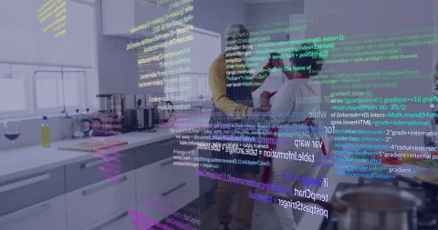 In kitchen, people cooking together with code lines overlaying, creating Stock Footage 305489641