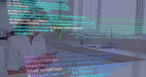 In kitchen, person using smartphone with animation of programming code overlay Stock Footage 306227543