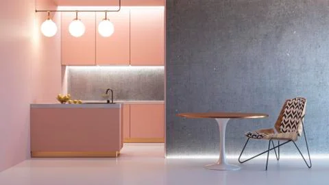 Kitchen pink minimalistic interior with table chair lamp. Stock Illustration