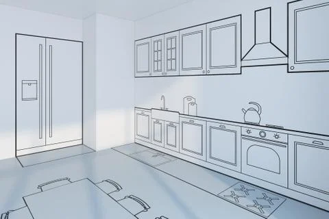 Kitchen planning design, concept 3d rendering Stock Illustration