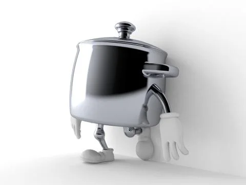 Kitchen pot character leaning on wall on white background Stock Illustration