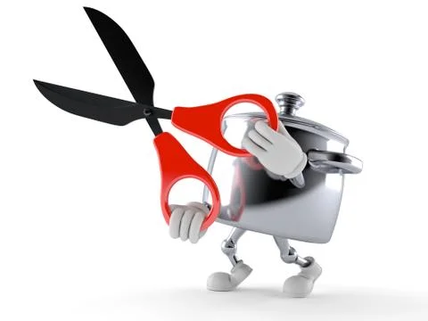 Kitchen pot character with scissors Stock Illustration