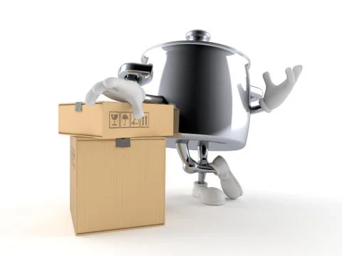 Kitchen pot character with stack of boxes Stock Illustration
