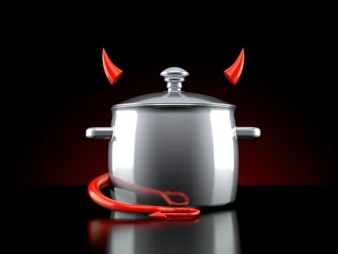 Kitchen pot with devil horns and tail 스톡 일러스트