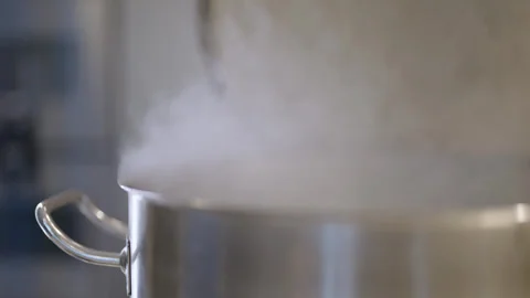 Kitchen pot with steam hand opening lid and stirring Stock Footage 289985500