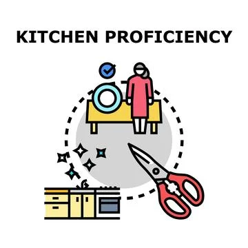 Kitchen proficiency concept displaying cooking and cleaning tasks Stock Illustration