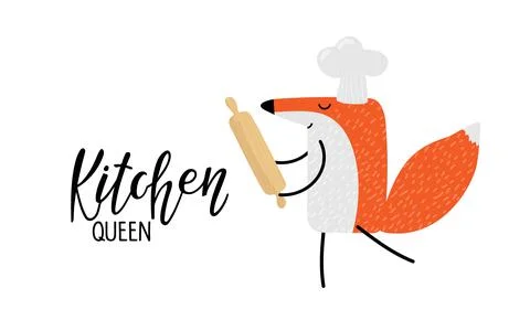 Kitchen Queen text and Cartoon fox with rolling pin and chefs hat. Vector hand Illustrazione stock