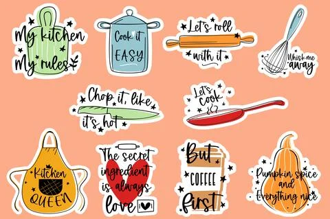 Kitchen quotes stickers set. Vector illustration. Stock-Illustration