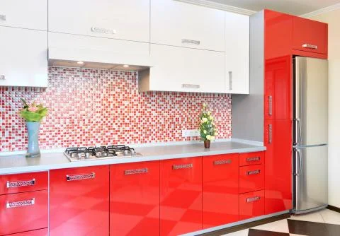 Kitchen red and white Stock Photos