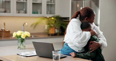 Kitchen, remote work and mom with child, hug and happy woman with laptop or Stock Footage 341565012