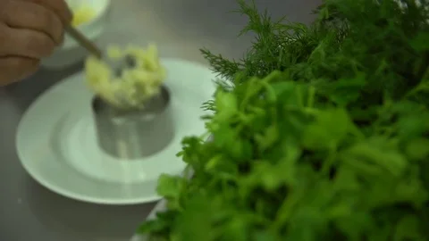 Kitchen. Restaurant. Cooking. The chef puts mashed potatoes on a plate Video stock 73955437