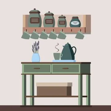 Kitchen retro interior background with cups, vase with flowers, box, table, k Stock Illustration