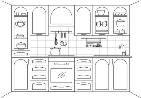 Kitchen in retro style. Kitchen with stove, dishes, sink and oven. Stock Illustration