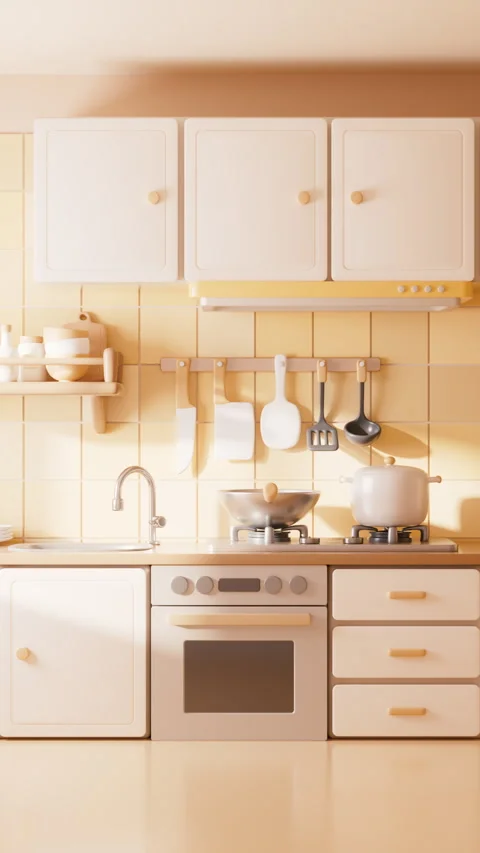 Kitchen room with cartoon style, 3d rendering. Video stock 290934310
